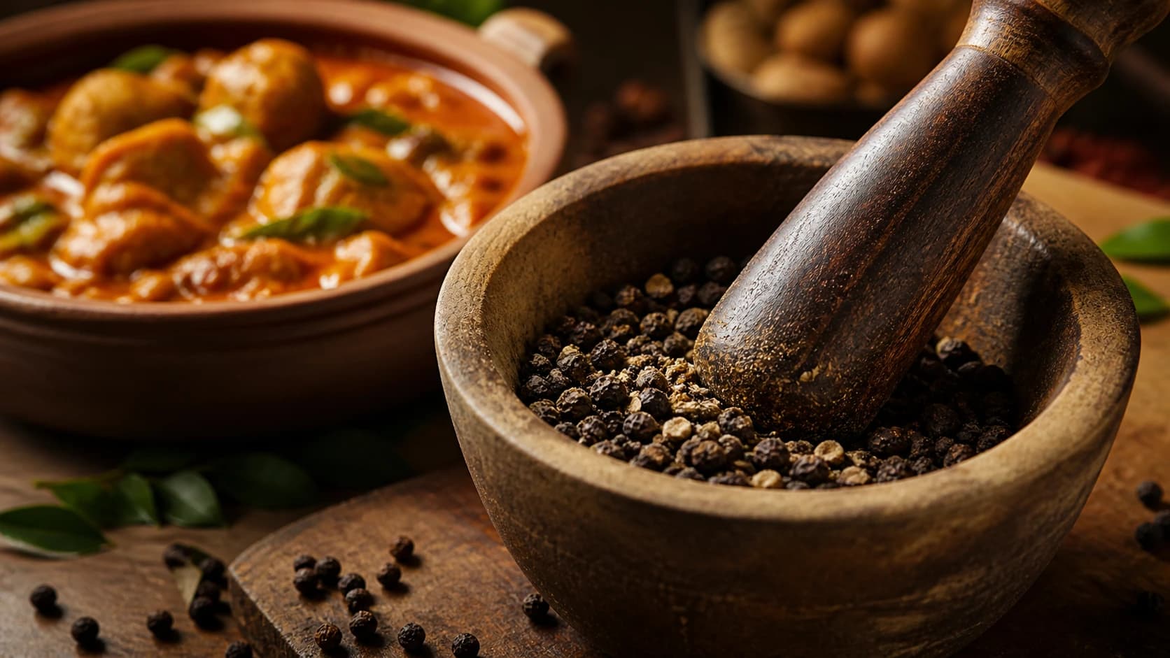 Biji lada hitam Ceylon dihancurkan di sebelah kari Sri Lanka dan bahan-bahan segar