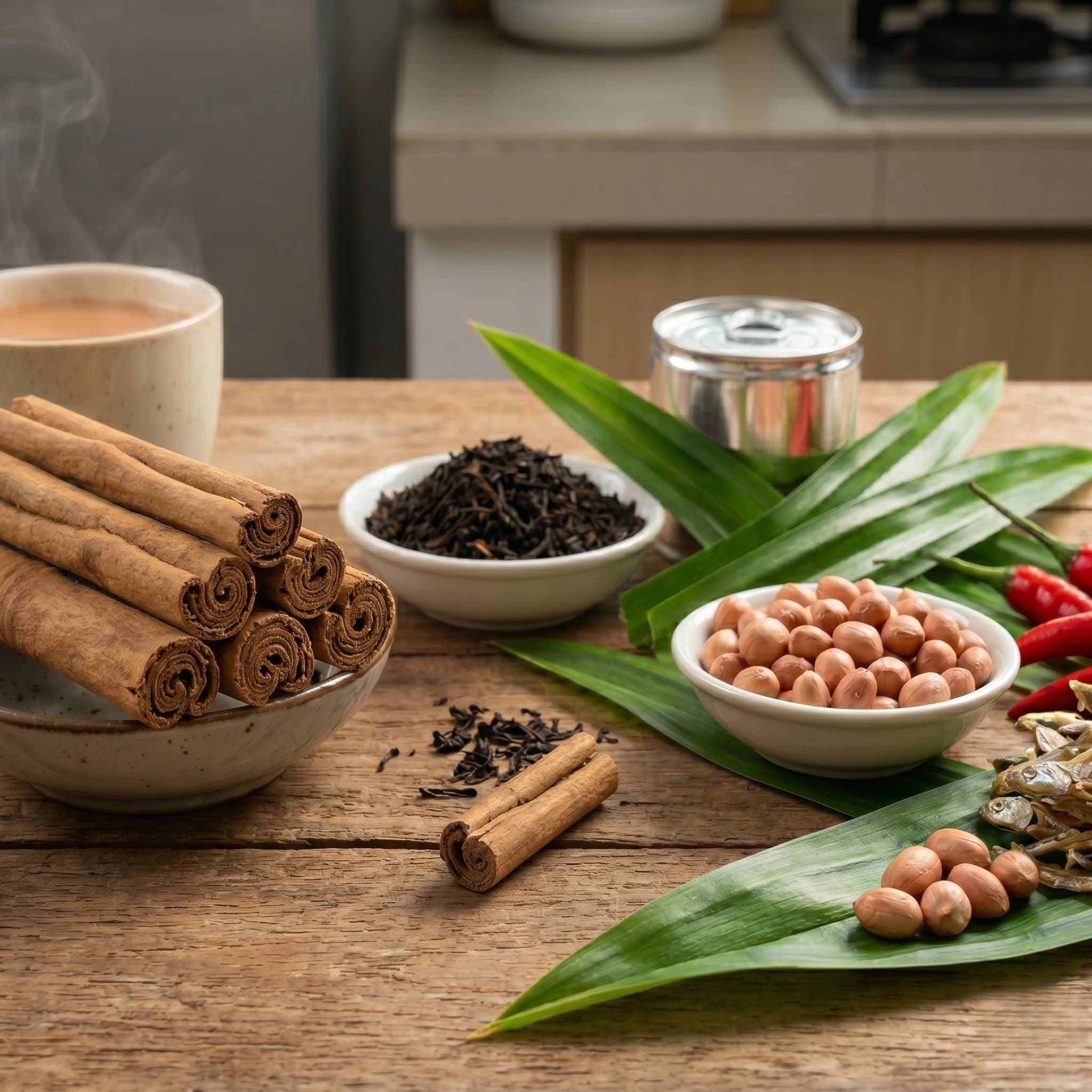 木质台面上，一杯茶和温热早餐食材旁摆放着锡兰肉桂卷