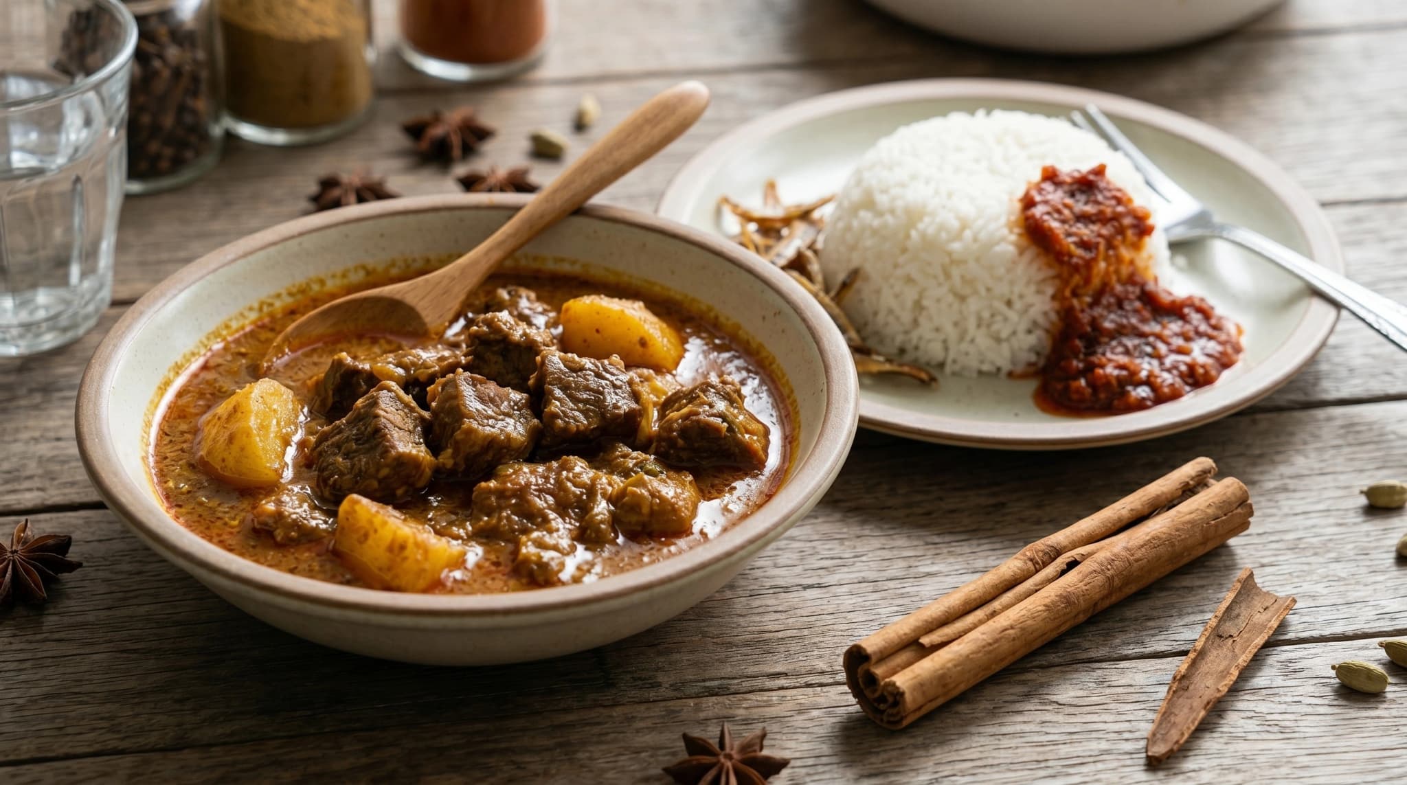 一段锡兰肉桂卷放在咖喱锅和一碗米饭旁边，展示它在咸食料理中的用法