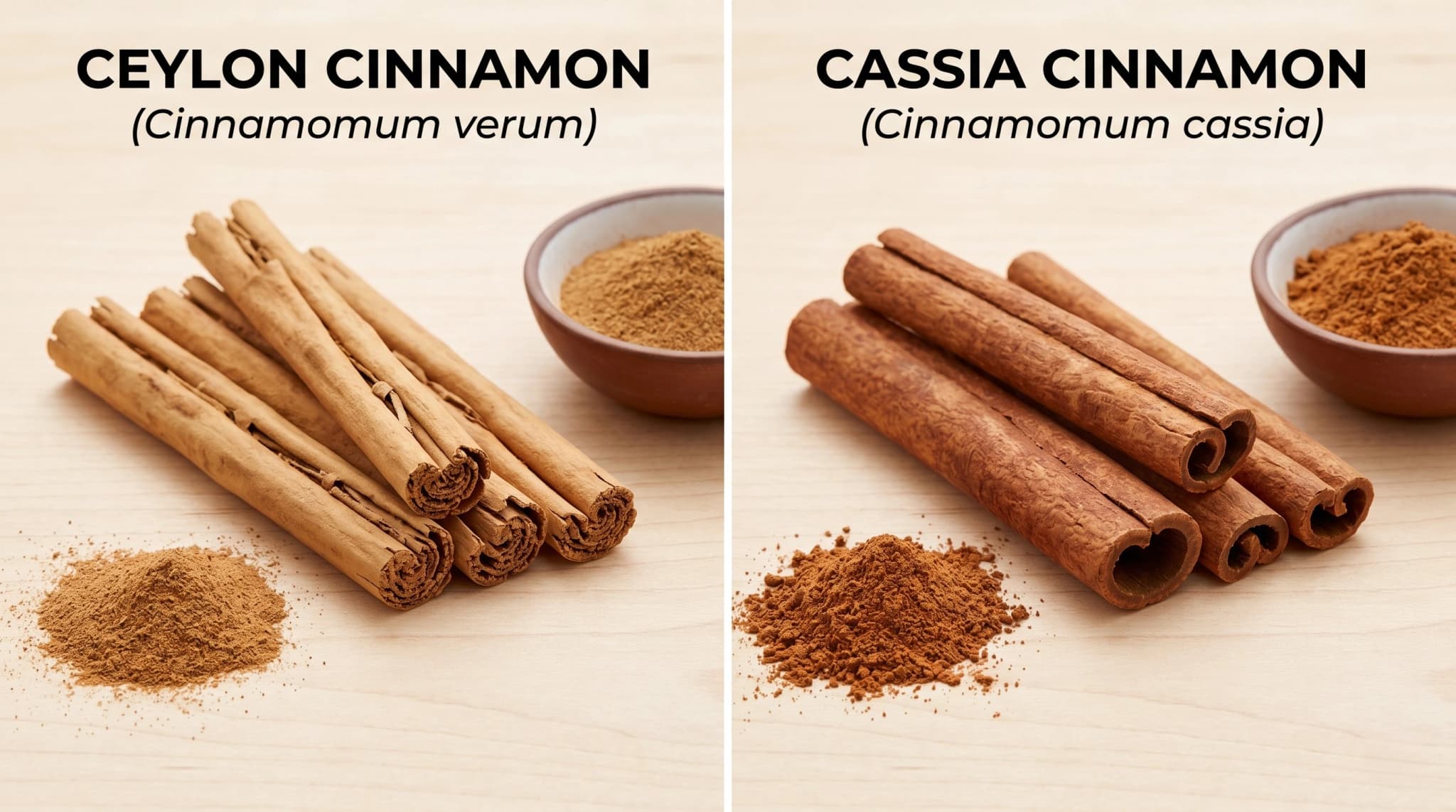 并排对比图：左边是有多层薄卷的锡兰肉桂，右边是厚而硬的桂皮肉桂棒