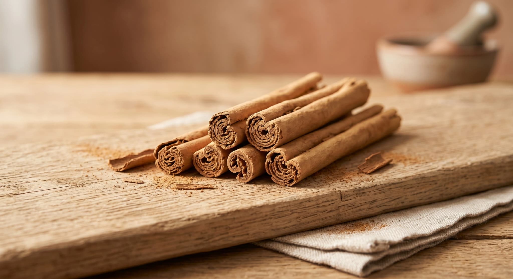 放在木板上的锡兰肉桂卷，清楚展示其薄而分层的树皮结构