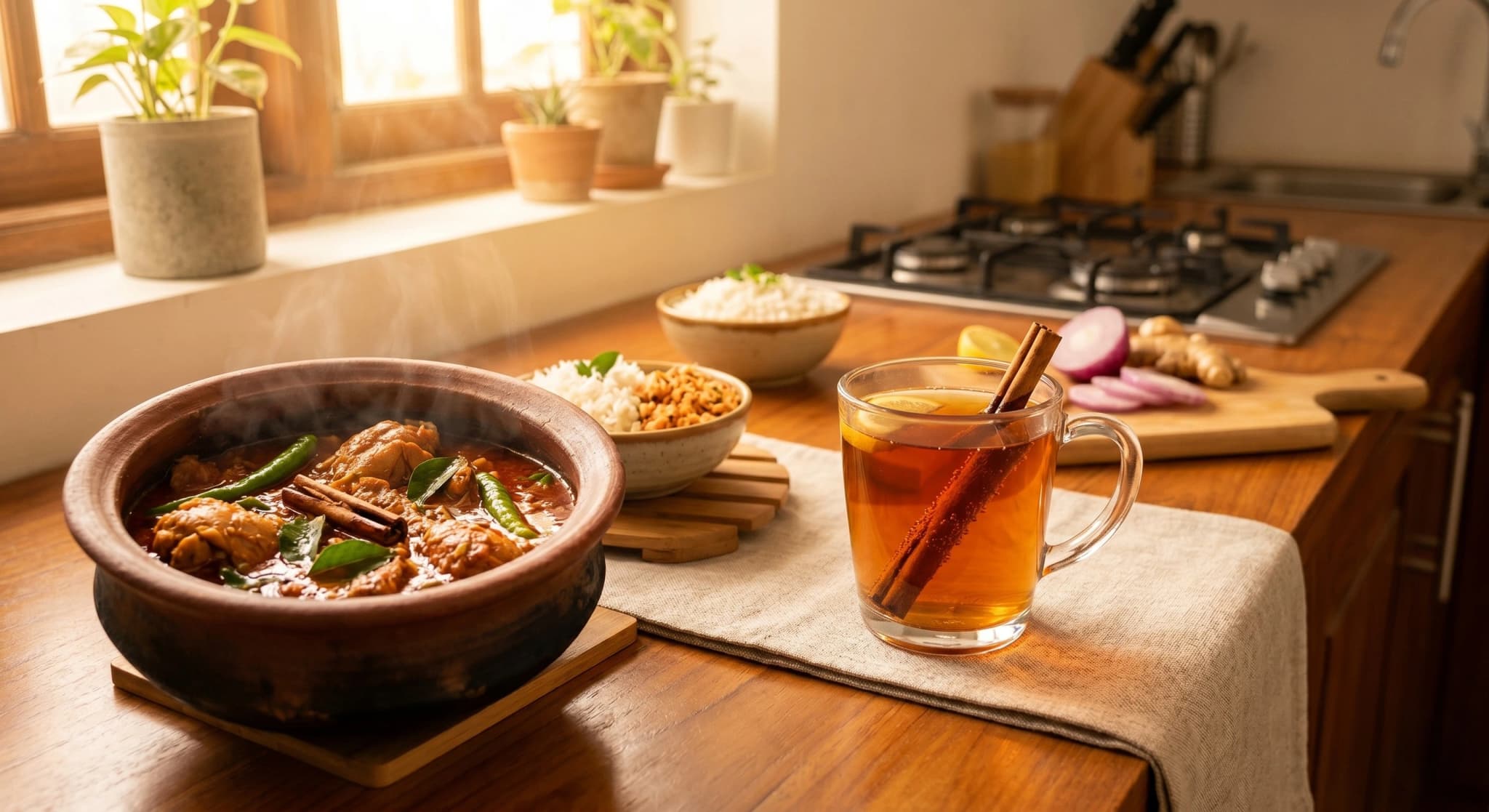 厨房台面上一锅咖喱和一杯肉桂茶，展示锡兰肉桂同时用于咸食和热饮