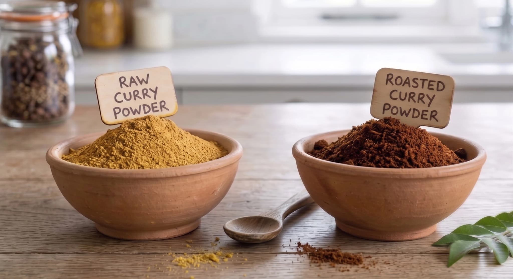 生咖喱粉和烘烤咖喱粉并排放在小碗里，展示浅色与深色两种混合香料之间的颜色差异