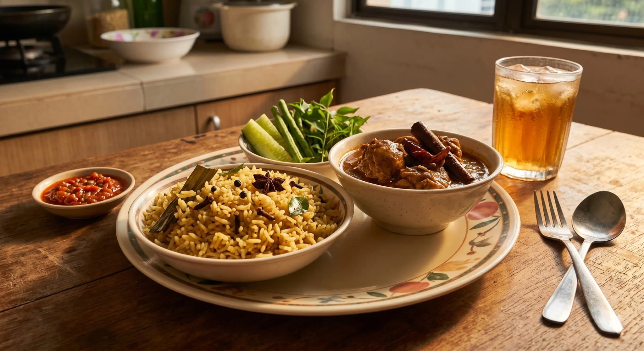 一道完成的马来西亚风味香料米饭料理，配有咖喱和参巴，使用斯里兰卡香料制作