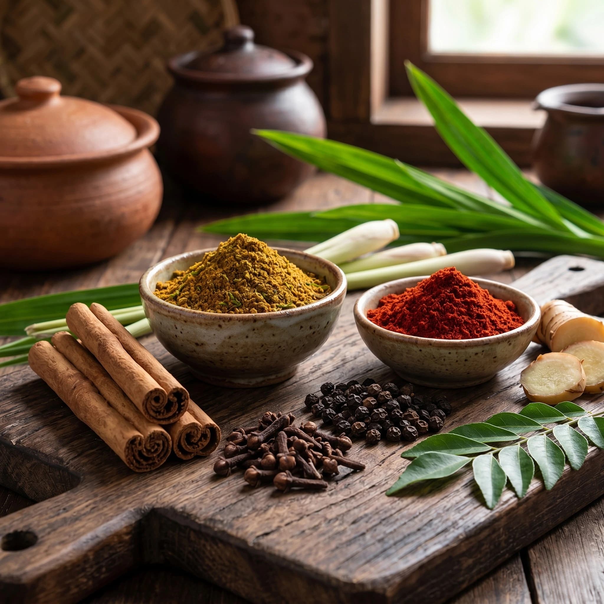 锡兰肉桂、丁香、黑胡椒、咖喱粉和辣椒粉摆放在米饭和咖喱食材旁的厨房台面上
