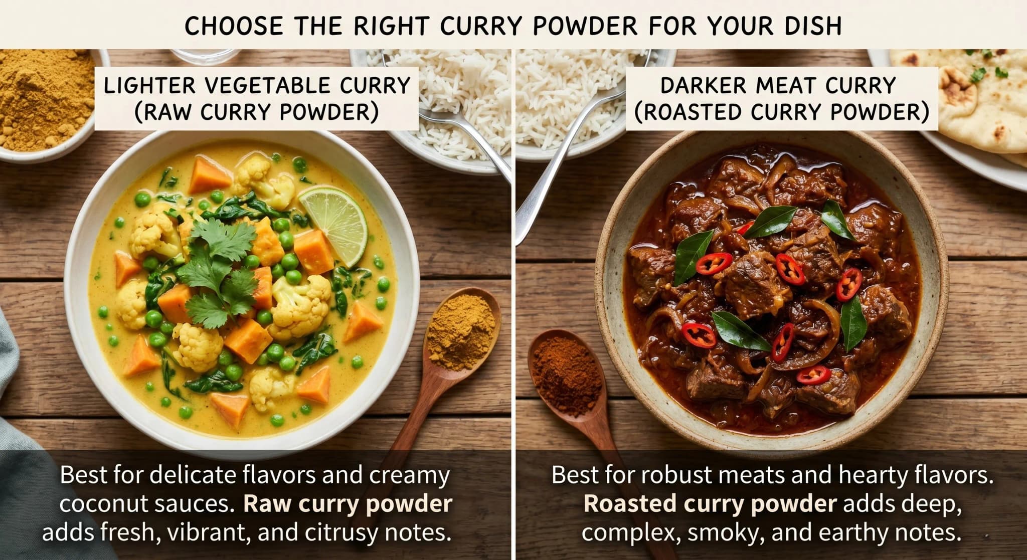 左边是一道较轻的椰奶蔬菜咖喱，右边是一道颜色更深、更浓郁的肉类咖喱，展示生咖喱粉与烘烤咖喱粉带来的不同效果