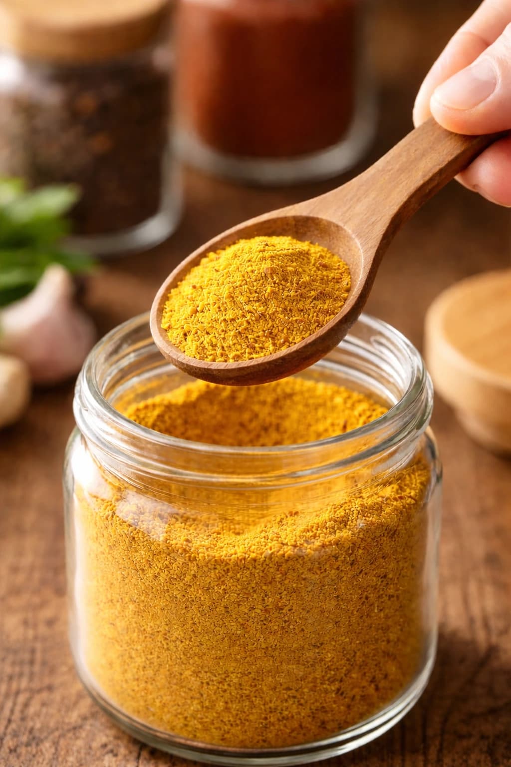 一把干燥的勺子在远离蒸汽锅具的地方取用香料，展示烹饪时处理香料的正确方式