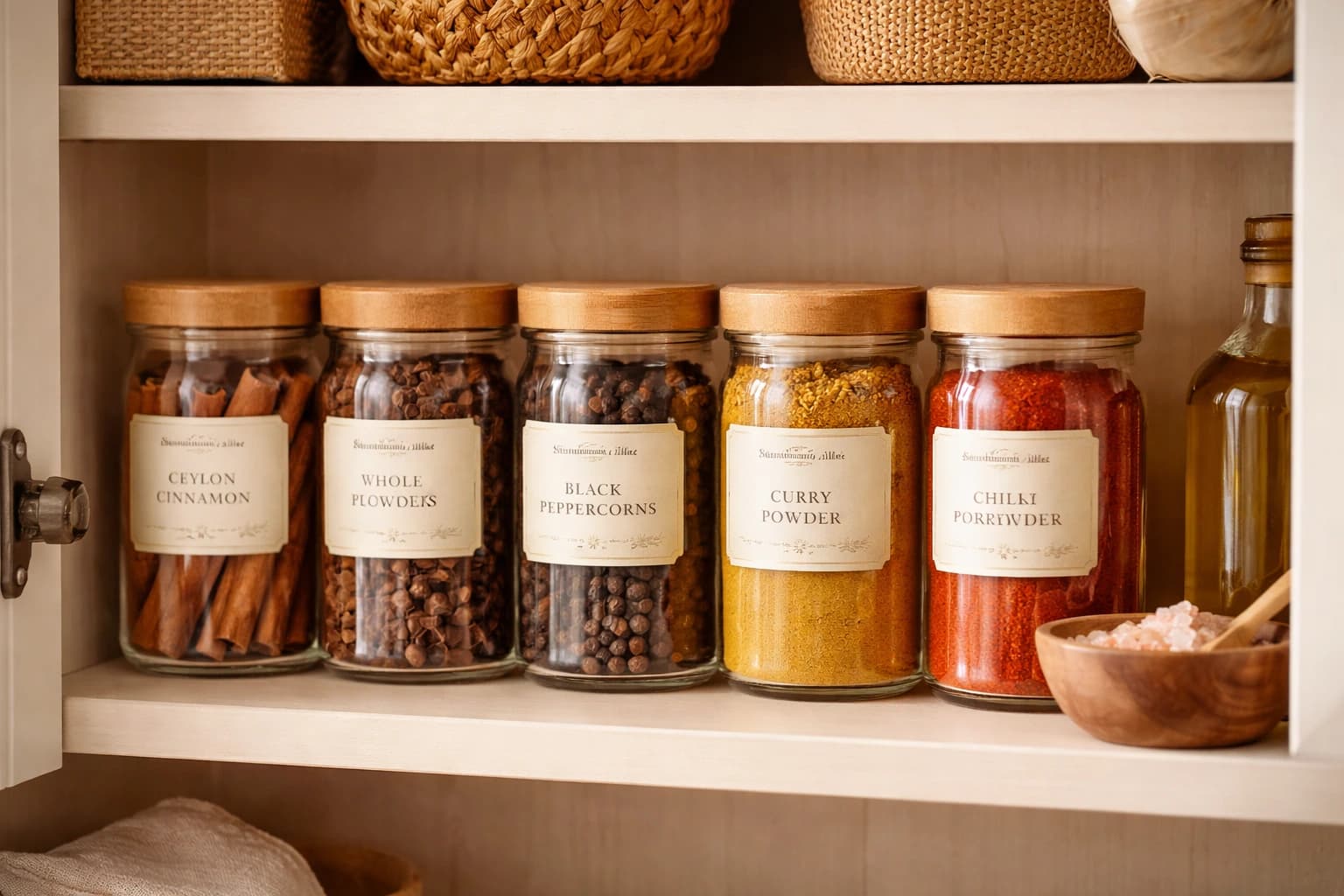 整齐摆放在阴凉干燥橱柜里的香料瓶，远离热源和光线