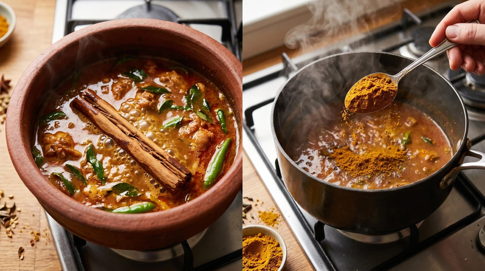 சிலோன் இலவங்கப்பட்டை சுருட்டுகளும் ஒரு கரண்டி கறி தூளும் சமையல் பாத்திரத்தில் சேர்க்கப்படுவது, இலங்கை மசாலாக்கள் பயன்படுத்தப்படுவதை காட்டுகிறது