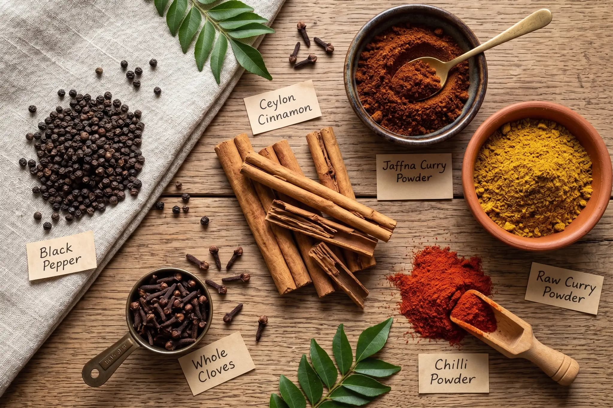 Serendiva Isle 香料系列的平铺图，包括锡兰肉桂、黑胡椒、丁香、咖喱粉和辣椒粉，摆放在温暖自然的表面上
