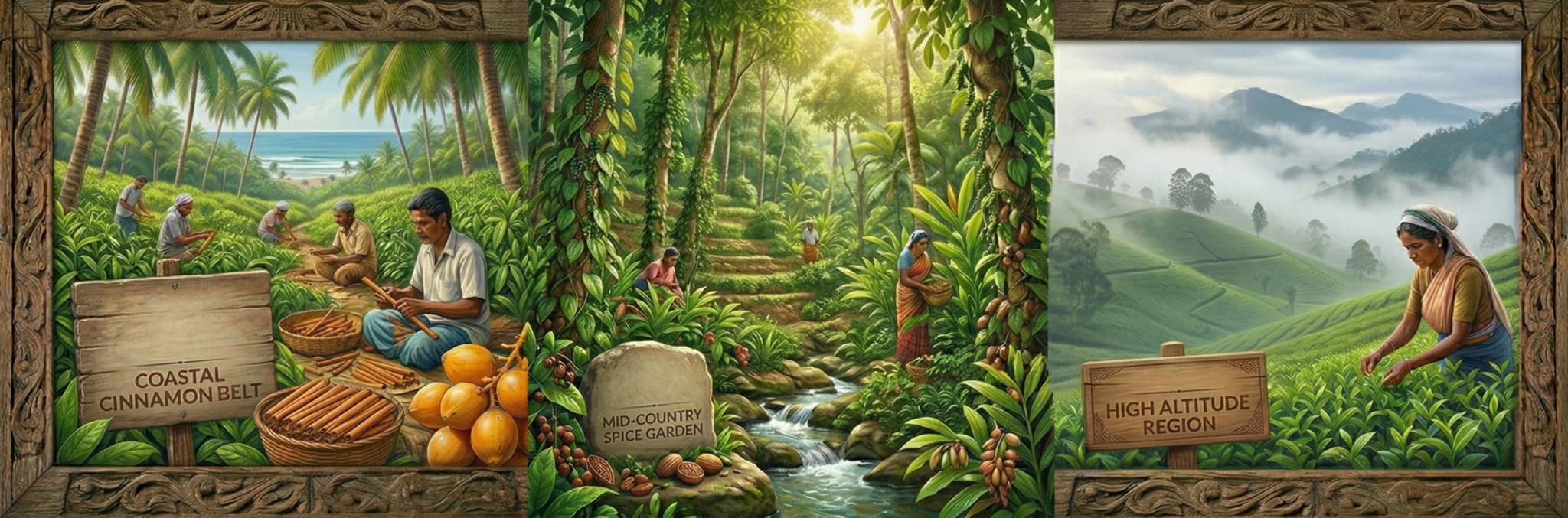 Lush highlands and spice-growing terrain across Sri Lanka's varied climate zones