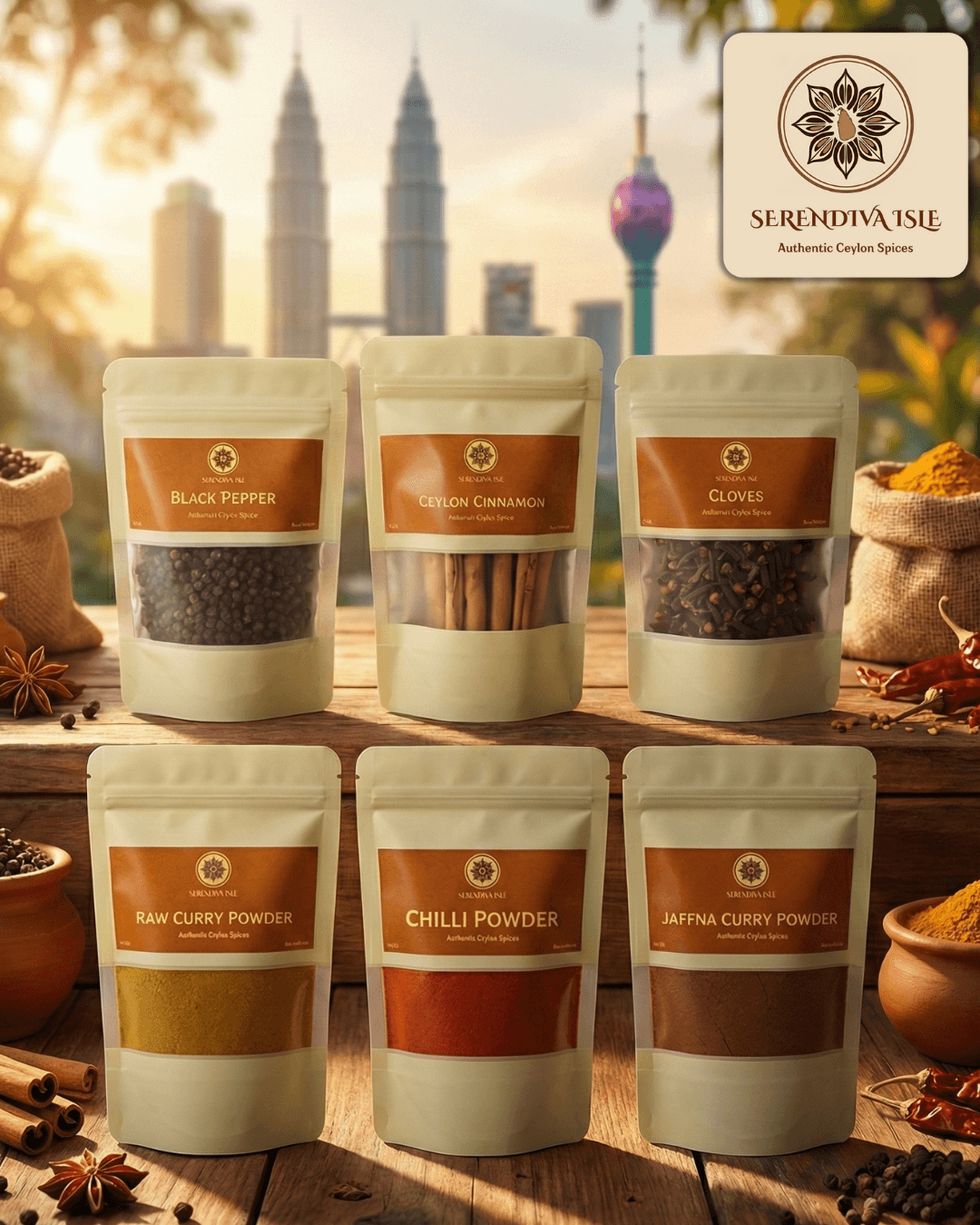 Serendiva Isle spices — a curated flat lay of Sri Lankan spices including curry powder and whole peppercorns